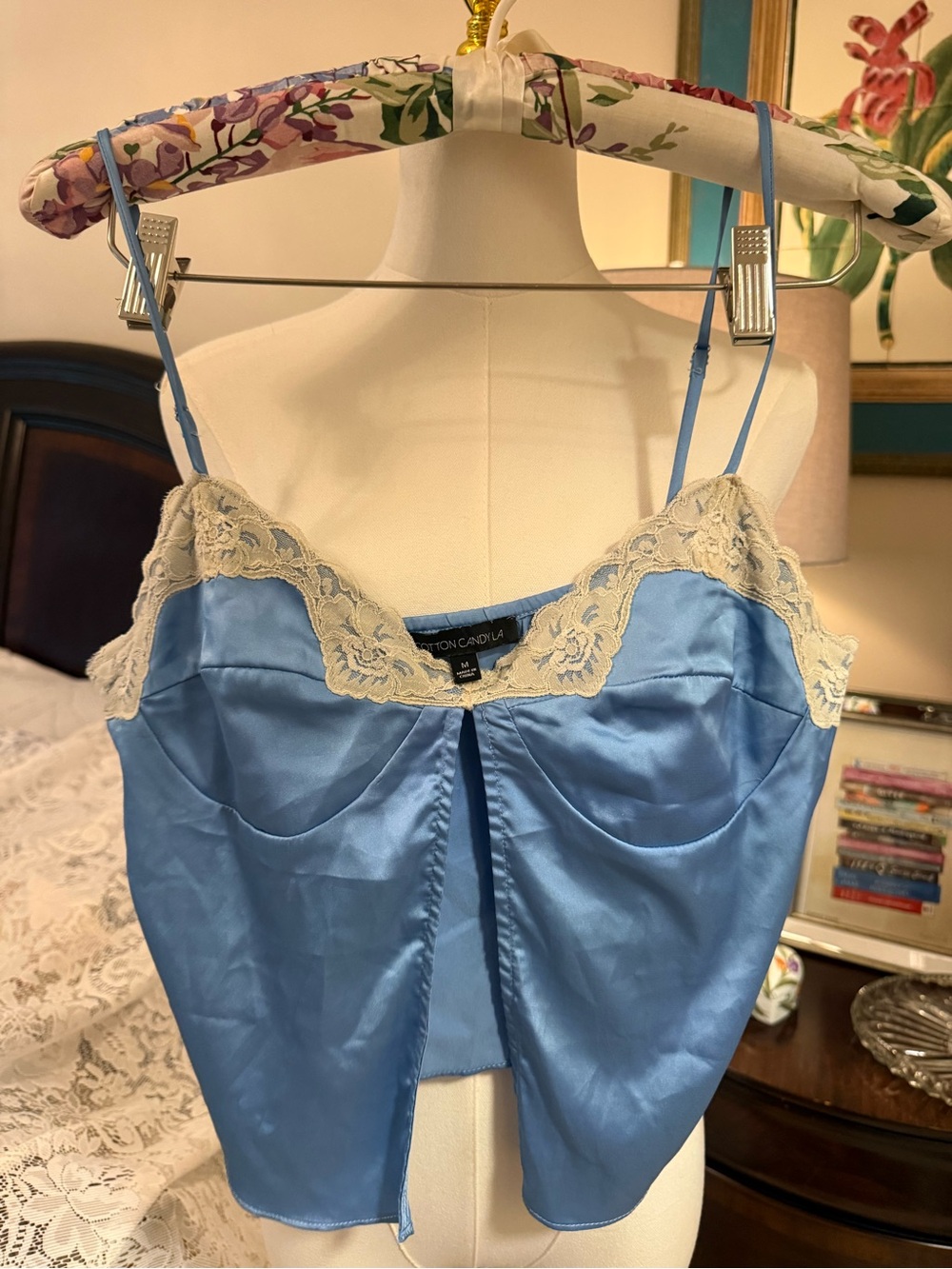 Cotton Candy Sky Blue Satin Lace-Trim Bustier Camisole